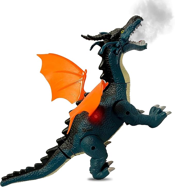Geospace New Dragon Walking Dinosaur Toy – Smoke Breathing Fire Dragon Toy for Kids 3 & up, Walking Dinosaur Toys with Lights, Roaring Sound, Dragons Action Figure, Dragons for Gift (Blue)