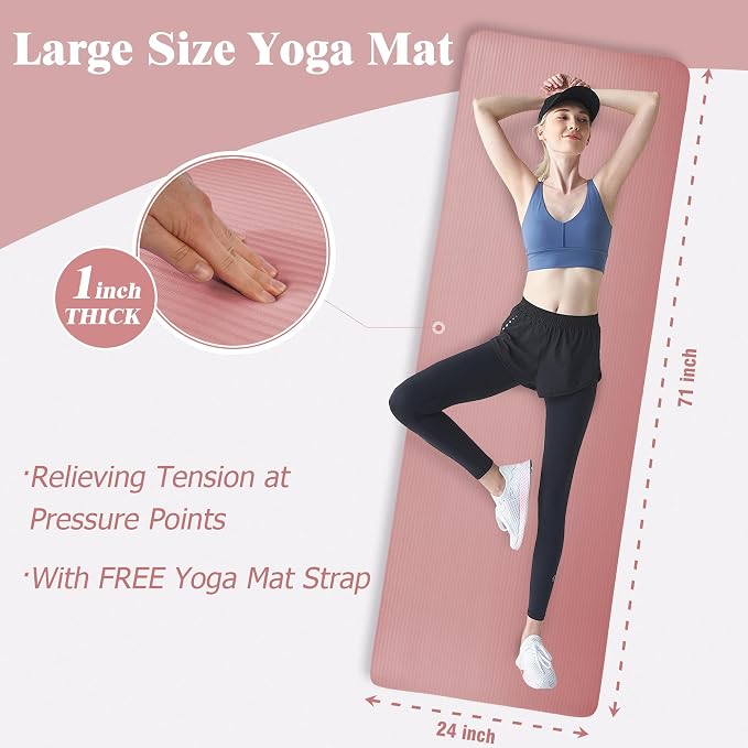 Fitvids 1 Inch Thick Yoga Mat 71x24 Inch - Non Slip Workout Mat with Carry Strap, Multiple Colors - Versatile Exercise Mat for Home, Gym, Pilates, Meditation - For All Skill Levels