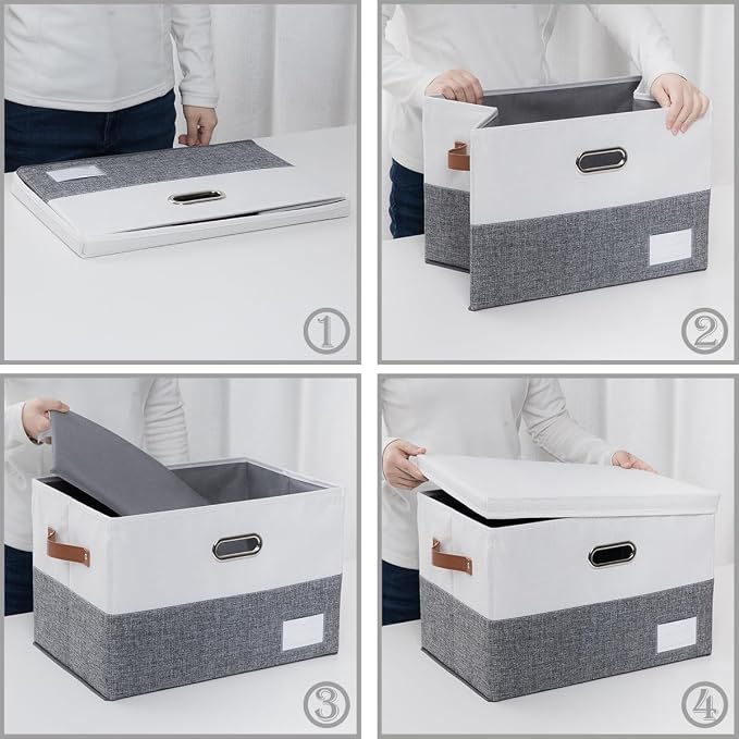 Foldable Storage Bins with Lids [3-Pack] Fabric Collapsible Storage Boxes Baskets Cubes Containers with Handles for Closet Living Room Bedroom (Grey & White 17.7x11.8x11.8'')