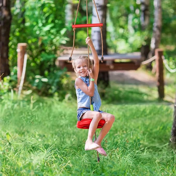 AGPTEK Disc Swing with Monkey Bars, Tree Swing Set Accessories Rope Disk Swing Seat with Carabiner and 22in Hanging Strap Heavy Duty Swingset for Zipline Outdoor Playground, Jungle & Gym (Red)