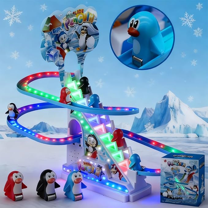 Penguin Climbing Toy Set Electric Light Slide Climbing Toys for Automatic Stairs,Playful Santa Race Game Christmas Roller Climbing Toys with LED Light and Music for Toddlers Boys Girls