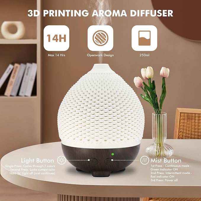 Essential Oils Diffuser Ceramic 250ml - Ultrasonic Aromatherapy Diffuser 3D Printing Dome, Cool Mist Air Freshener with 2 Mist Modes 7 Colors LED Lights, Auto Shut-Off Protection for Home Office Decor