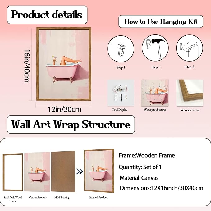 Funny Pink Girl Bathroom Wall Art, Cute Girly Bathtub Wall Decor Painting Trendy Pastel Woman and Martini Bathroom Poster Canvas Print Artwork 12x16 inch Framed