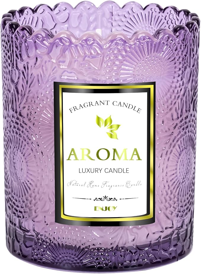 Lavender Scented Candle, Purple Glass Jars - 100% Natural Soy, 5.3OZ, 30HR Burn Time Aromatherapy for Home, Gift for Women & Men, Stress Relief