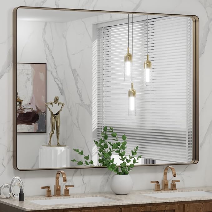 LOAAO 48"X36" Bronze Bathroom Mirror | Rounded Rectangle, Brushed Bronze Metal Frame, Anti-Rust, Tempered Glass, Hangs Horizontally or Vertically