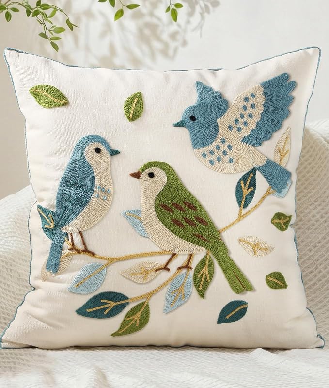 Animal Embroidered Throw Pillow Cover 20x20 Inch, Floral Birds | Decorative Pillow Cover, Cottagecore Cushion Cases with Hidden Zipper, Farmhouse Decor for Couch, Sofa, Living Room