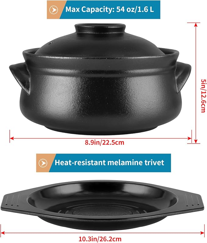 Large Korean Ceramic Bowl with Lid and Trivet, 54 oz Sizzling Hot Pot with Double Handles for Cooking and Serving Dolsot Bibimbap, Soup, Rice, Stew, Casserole, Noodle (Frosted Black)