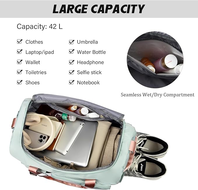 Eslcorri Gym Duffle Bag for Women Men, Sports Backpack with Wet & Shoe Compartment, Fitness Overnight Weekender Bag for Yoga, Swim, Travel (Style B, Light Purple)