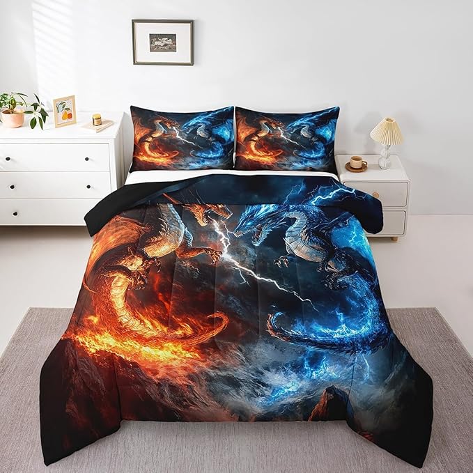 Feelyou Dragon Comforter Set Toddler Size Dragon Stuff Comforter Wild Life Bedding Set Thunder and Lightning Duvet Set Room Decor Blue Orange Quilt Set