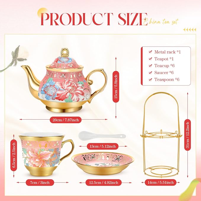20 Pcs Porcelain Tea Set for Adults with Metal Holder and Spoon European Ceramic Tea Party Set Flower Painting Teapot Cup Saucer for Women Gift, Serving 6 People(Fresh)