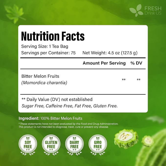 FreshDrinkUS, Premium 135 Bitter Melon Tea Bags, 100% Natural & Pure, Herbal Tea, Daily Infusion Botanical, No Sugar, No Caffeine, No Gluten, Vegan. Rich in Antioxidants
