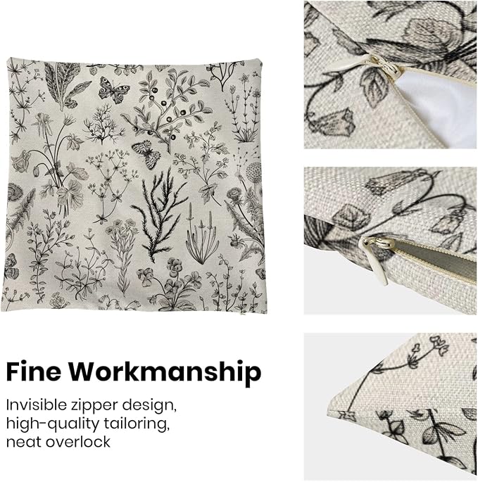 AEIOAE Spring Pillow Covers 16x16 Inch Set of 2,Black Gray Wild Flower Plant Throw Pillows Case,Seasonal Floral Outdoor Decorative Square Linen Farmhouse Decor Cushion Covers for Home Sofa Bed Couch