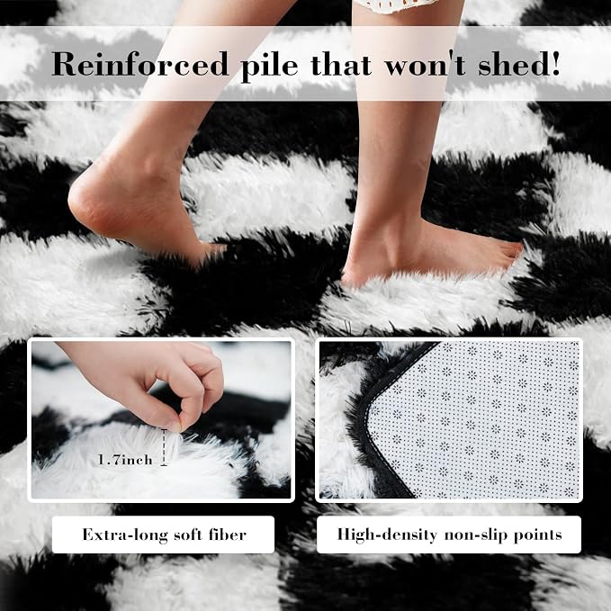 Checkered Rug for Living Room, 6x9 Black and White Area Rugs, Classic Checkered Carpets Shag Area Rug, Bedside Rugs for Living Room Bedroom Room Home Decor