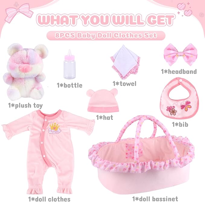 BABESIDE 8 Pcs Reborn Baby Doll Clothes with Bassinet for 17-22 Inch Babydolls, Reborn Baby Doll Accessories and Baby Dolls Clothes fit Newborn Baby Dolls Girl, Pink
