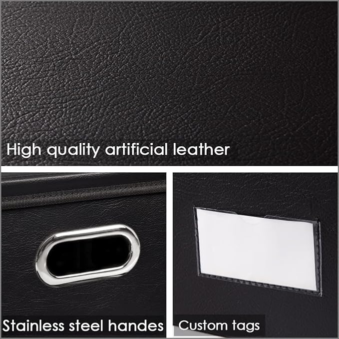 Collapsible Storage Box with Lid [3-Pack] Leather Fabric Foldable Storage Bin Organizer Container Basket Cube with Cover for Home Bedroom Closet Office Nursery Black(13.6x9.6x6.9)