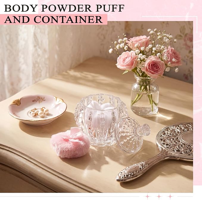 Tioncy 3 Pcs Large Body Powder Puff and Container Valentine's Day gift Powder Container with Puff Crystal Case Soft Washable Reusable Velour Face Body Glitter Wet Dry Makeup (Pearl,Clear)