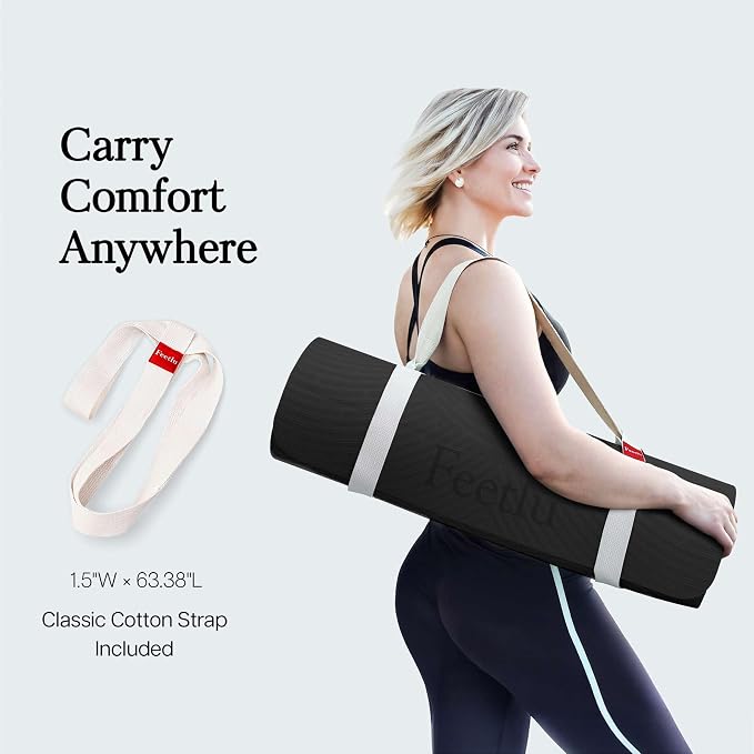 Extra Thick 12mm Exercise Mat – 74"L x 26"W Inch, Non-Slip, Joint-Friendly & Cushioned Fitness Mat for Yoga, Pilates & Floor Workouts – Durable, Supportive & Includes Feetlu Classic Strap