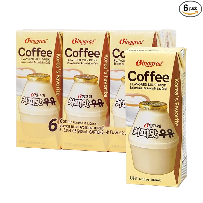 Binggrae Coffee Flavored Milk Drink – Sweet and Creamy Korean Beverage – Shelf-Stable 6.8 fl oz Cartons – Pack of 6