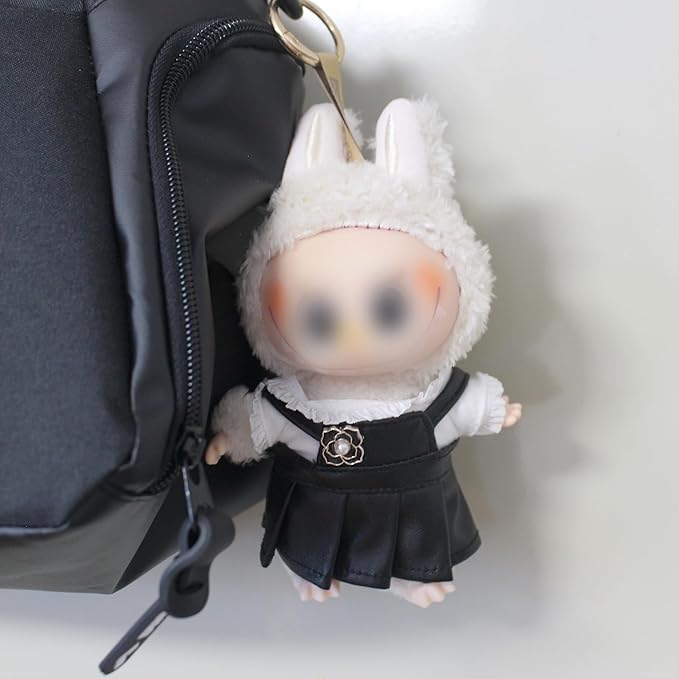 17cm Doll Clothes ,Black and White Cute Dress Outfit fits Labubu Girl- Chic Leather Overalls Skirt