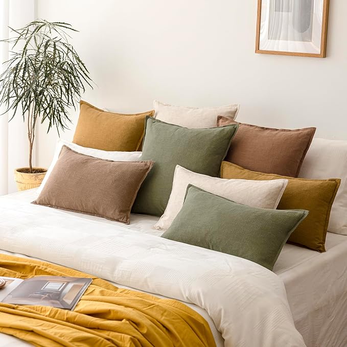 Foindtower Pack of 2, Decorative Linen Soild Throw Pillow Covers Soft Accent Cushion Case Farmhouse Neutral Pillowcase for Chair Couch Sofa Bedroom Living Room Home Decor 24x24 Inch Olive Branch Green