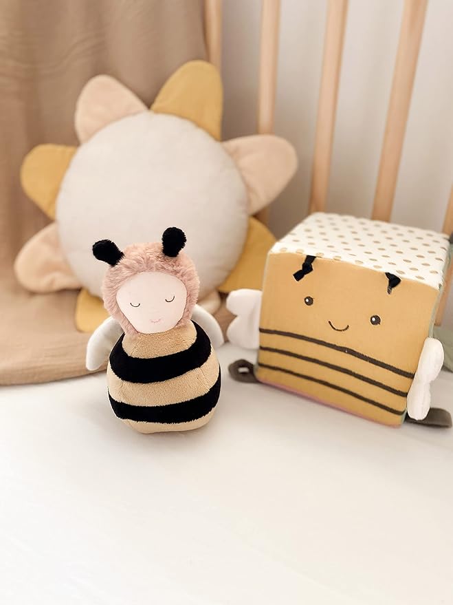 MON AMI Honey Bee Chime Activity Toy | 7-Inch Soft Velour Baby Sensory Toy | Perfect Newborn Essentials | Cute Nursery & Playroom Décor