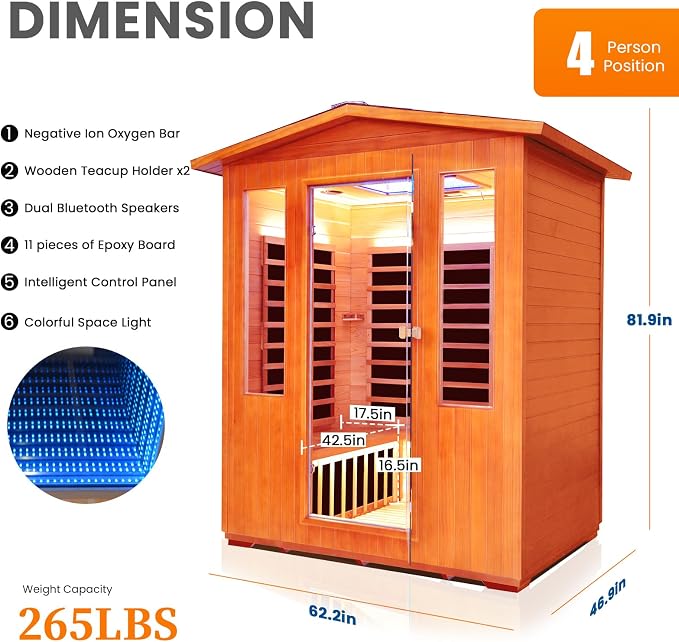 OUTEXER Outdoor 4 Person Sauna Far Infrared Saunas Dry Sauna Room Red Cedar and Canadian Hemlock Wood Wooden Sauna Spa 2600W 240V with 7 Color Light 62.2 * 46.8 * 81.9 inches