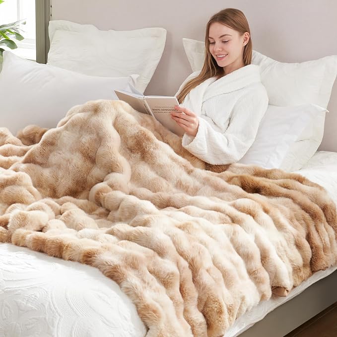 Cozy Bliss Faux Fur Throw Blanket for Couch, Fuzzy Soft Plush Thick Bubble Blanket for Sofa Bedroom Living Room, 50 * 60 Inches Tie-dye Beige