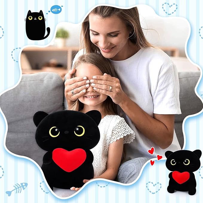 Achwishap Black Cat Plush,Cute Cat Stuffed Animal-14” Kawaii Black Cat Plush Toys Birthday Gifts for Girls Boys Adults,Cute Plushies Soft Kitten Plushie Cuddle Pillow for Kids,Red Love Heart Plush
