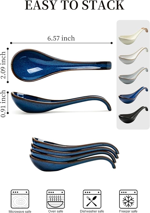 LYEOBOH Soup Spoons set of 6, Chinese Deep Soup Spoon - 6.5 inch Ceramic Korean Tablespoons for Ramen, Rice, Noodle, Asian Spoons with Deep Hook Design, Vintage Blue