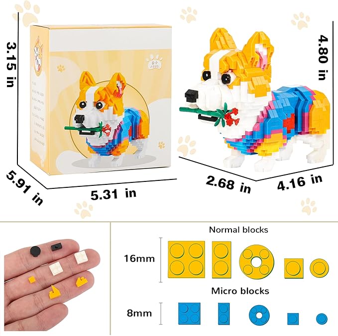 QLT QIAOLETONG Cute Animal Micro Mini Building Blocks Kit, Corgi Dog Micro Bricks Building Toys for Adults, Party Favors for Kids 12-14+ Years Old, Birthday, Carnival Prizes (997 PCS)