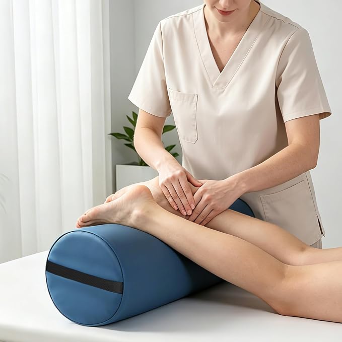 PU Leather Round Bolster Pillow, 26 x 9 Inch Massage Bolsters for Under Legs with Strap Handle Massage Knee Pillow, Exercise Bolster for Legs Massage Table Roll Pillow Leg Bolster for Massage Table
