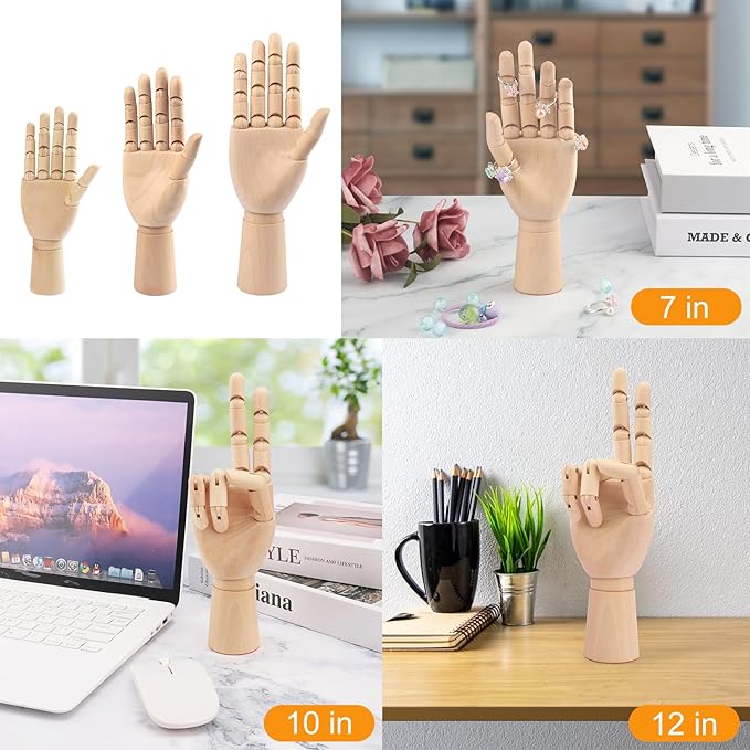 GNIEMCKIN Wooden Hand Model, 3 PCS, 12/10/7 Inches Right Hand Art Mannequin Figure with for Hand Jewelry Display, Decoration, Sketching.