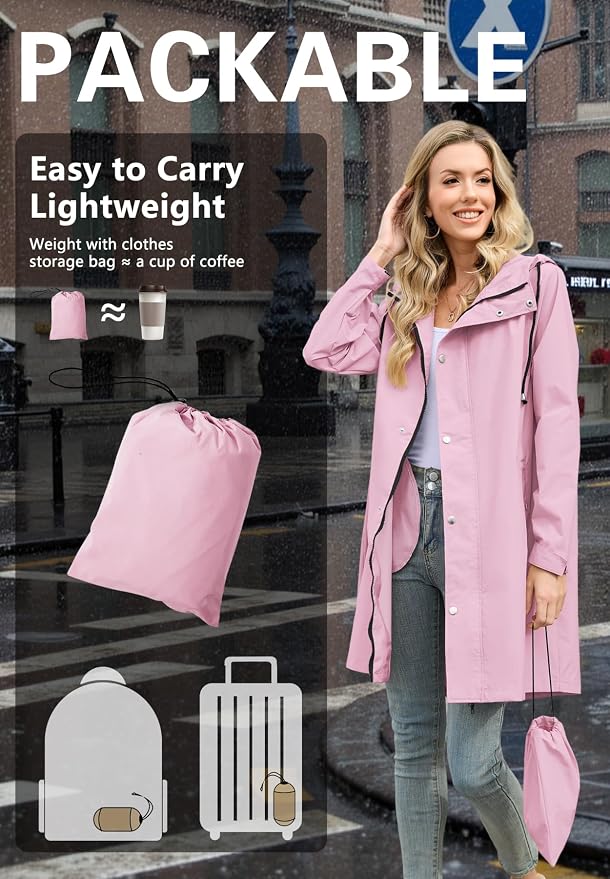 Zando Long Packable Rain Jacket Women Waterproof Raincoat with Hood | Relaxed-Fit Lightweight Windbreaker for Women; Travel Rain Coats for Commute, Hiking, Cruise, and Daily wear