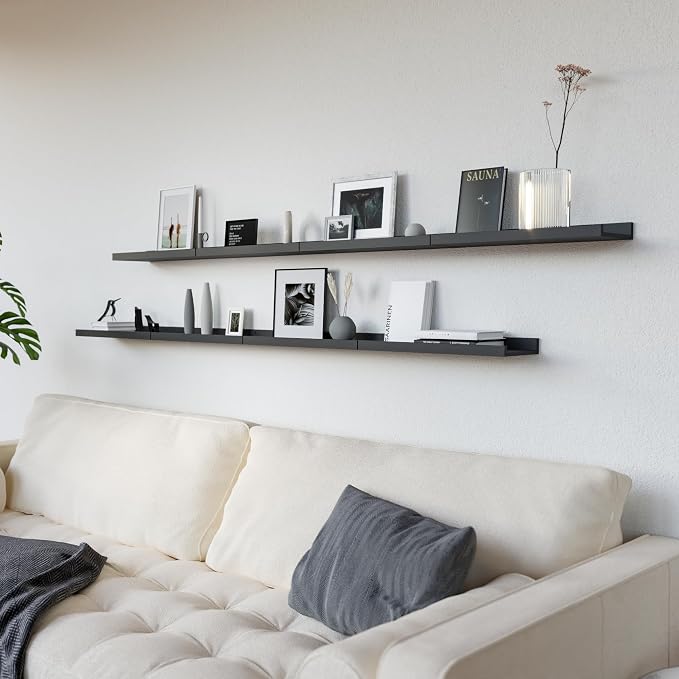 RICHER HOUSE 8-Set Floating Shelves with Lip, Black Wall Mounted Wood Shelf | Display Picture Ledge Shelf, Anti-drop lip Shelf for Room Wall Decor, Bedroom Bathroom Storage Nursery Hanging Book Shelves