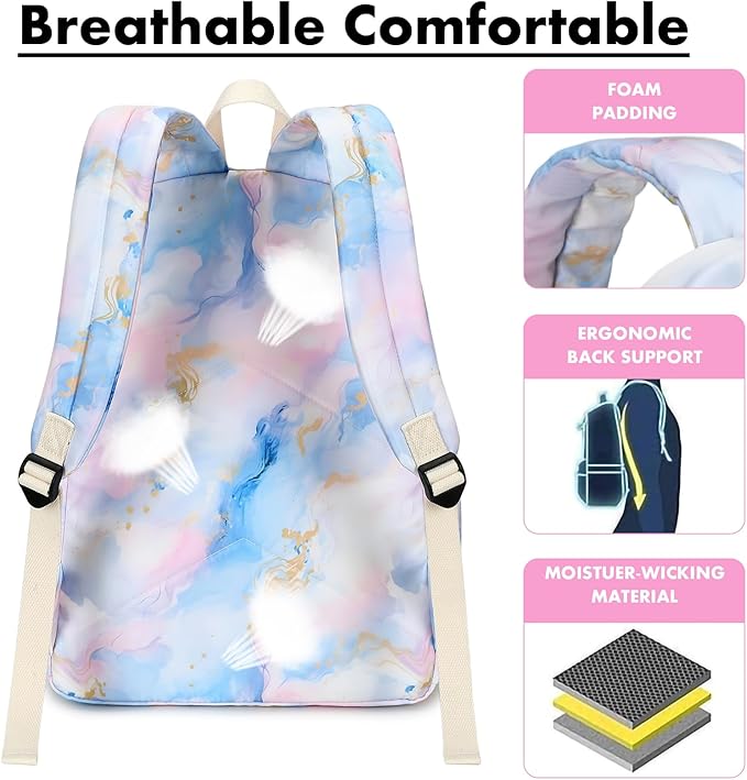 Bluboon Teen Girls School Backpack Kids Bookbag Set with Lunch Box Pencil Case Travel Laptop Backpack Casual Daypacks (Pink Blue Purple Gold Marble 99)