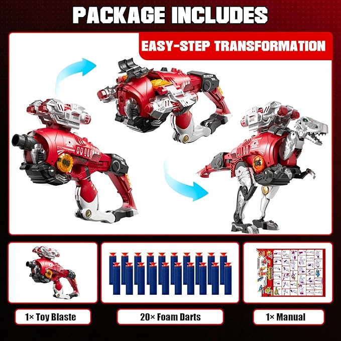 Blaster Toy Gun Transforming Alloy Dinosaur - 2 in 1 Morphing Toy (Gun to Dino), Soft Bullet Toy Blaster Gun with 20 Foam for Indoor Outdoor Shooting Game, Toy Blaster for Kids Boys Girls (R-Dino)