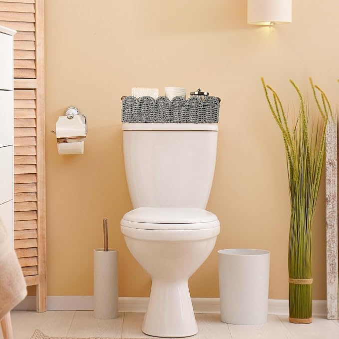Bathroom Decor Basket for Toilet Paper Storage Baskets For Organizing | For Bedroom Living Room Kitchen Home Decor Scalloped Cute Basekt With Handle for Apartment Countertop,Gray
