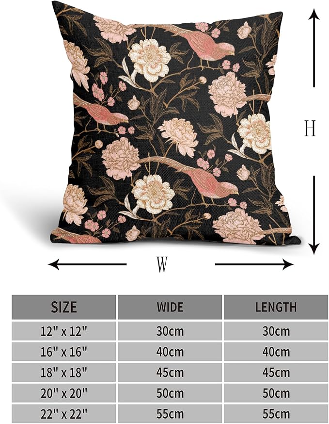 Pink White Roses Floral Pillow Covers 16X16 Inch Set of 2 Retro Flowers Birds Gold Leaf Decorative Pillow Cases Art Vintage Black Cotton Linen Cushion Case Home Decor for Sofa Couch Porch Outdoor