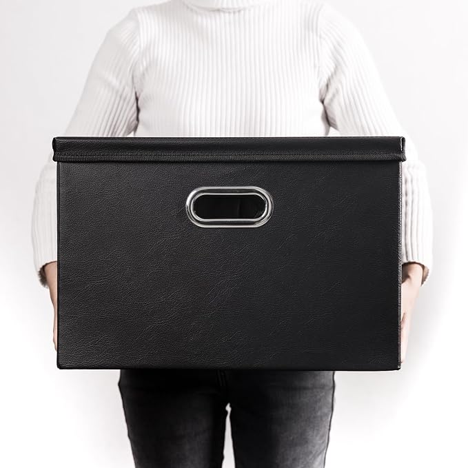 Large Stackable Storage Boxes with Lids [5-Pack] Leather Fabric Foldable Storage Bins Organizer Containers Baskets Cubes with Cover for Bedroom Closet Office Nursery Black(17.7x11.8x11.8)