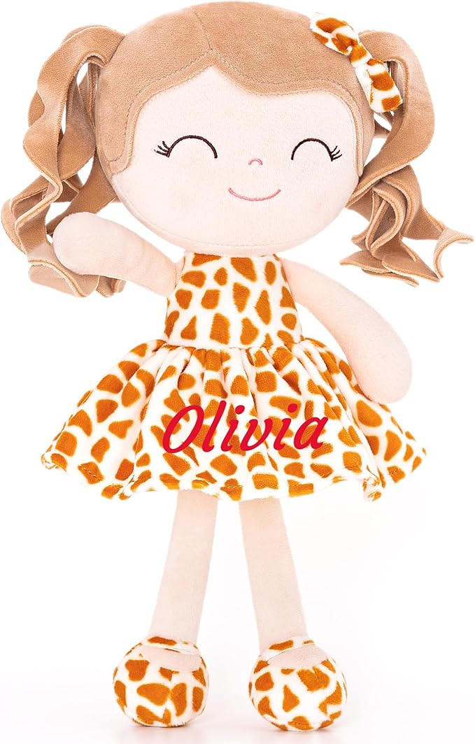 Gloveleya Personalized Rag Doll – Custom Name Baby Girl Gift, Soft Plush Curly Hair Doll with Giraffe Dress, 12 Inches – Birthday, Baby Shower & Holiday Keepsake Toy