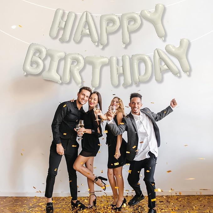 Cream Happy Birthday Balloon Banner, Neutral Beige Happy Birthday Foil Balloon, 16 Inch Ivory White Sand Born Day Bunting Banner Letter Balloons for Men Women Birth Party Decorations Supplies