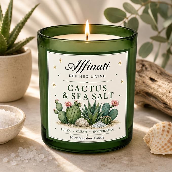 Affinati Cactus Sea Salt 10 oz Scented Candle – Long Lasting Luxury Soy Blend Candle for Home, Strong Scent Throw Fresh Crisp Coastal Aromatherapy Candle, Clean Burning Home Fragrance Gift