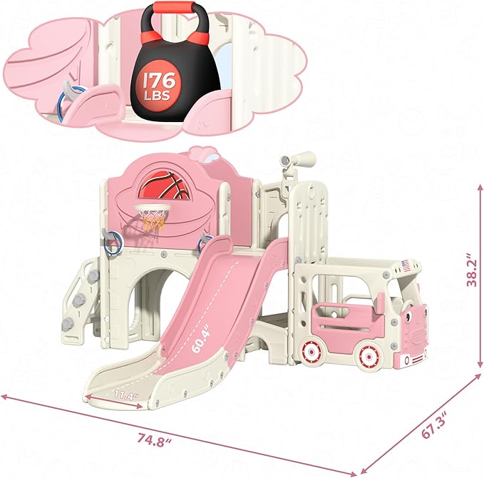 NYEEKOY 9 in 1 Toddler Slide, Bus-Themed Kids Slide and Climber Playset with Basketball Hoop, Ring-Toss, Car Playhouse, Toy Telescope, Freestanding Indoor and Outdoor Playground for Baby Age 3+