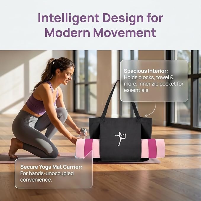 Yoga Bag - Pilates Bag With Mat Holder,for Women Canvas Tote Bag with Yoga Mat Carrier Pocket Large Gym Pilates Bag for Travel Office Beach Workout