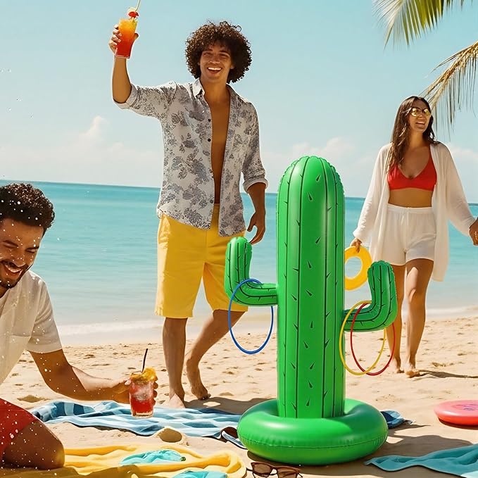 Hungdao 40 Inch Mexican Inflatable Cactus Ring Toss Game Set, Target Toss Party Games with 10 Pcs Rings Floating Summer Activity for Mexicano Fiesta Outdoor Beach Decor Cinco De Mayo Party