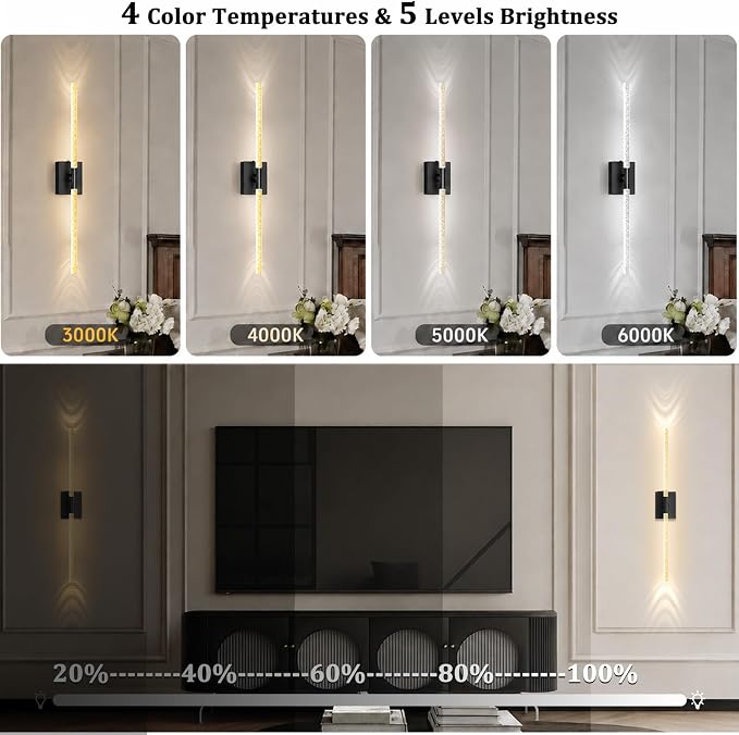 Battery Operated Wall Sconces Set of 2, 10000mAh, Black Bubble | wireless crystal wall lights rechargeable with Remote & 360° Rotate, 31.5" Wall Lamp for Bedroom Living Room Mirror