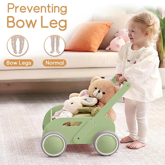 HOMEKOL Wooden Baby Push Walker, Green | Adjustable Height, with Rubber Wheels, for Boys and Girls, Gift for Birthday, Christmas and New Year