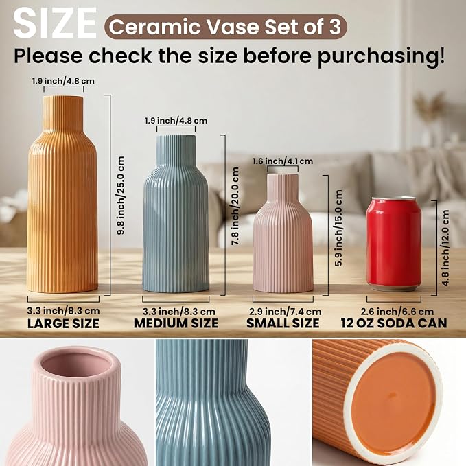 Colorful Ceramic Vases Set of 3, Smooth Round Vertical Ribbed,Minimalist for Pampas Dried & Fresh Flowers, Centerpiece for Living Room, Shelf, Entryway, Wedding(Pink, Blue, Orange)