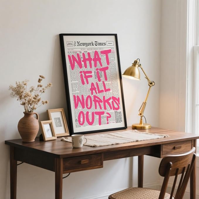 What If It All Works Out Poster Retro Newspaper Pink Wall Art Positive Affirmation Quote Minimalist Canvas Painting Prints Wall Decor Aesthetic for Home Bedroom Office 12x18inch Black Framed