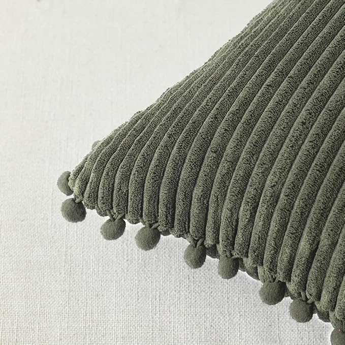 Fancy Homi Pack of 2 Olive Green Decorative Throw Pillow Covers 16x16 Inch with Pom-poms for Couch Bed Bedroom, Soft Corduroy Solid Square Cushion Case 40x40 cm, Farmhouse Boho Home Decor
